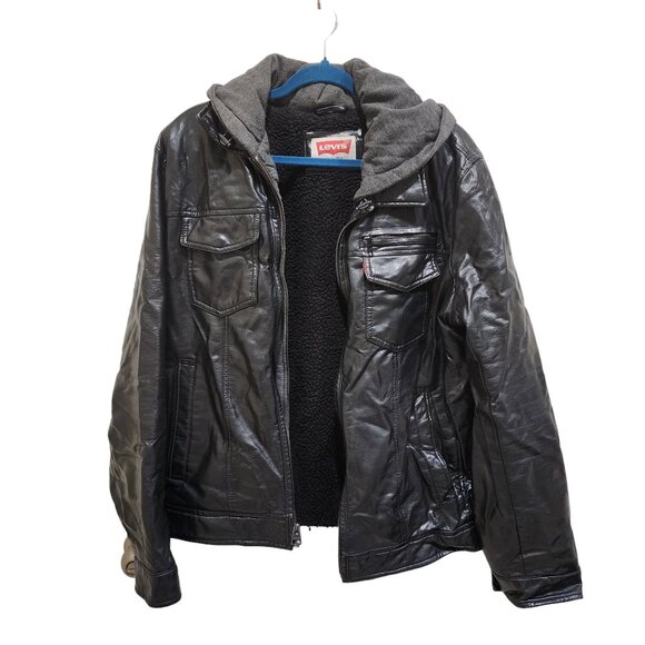 Levi Strauss Levi's Men's  Jacket Black  Size M Faux Leather Hooded Full Zip - Picture 1 of 14